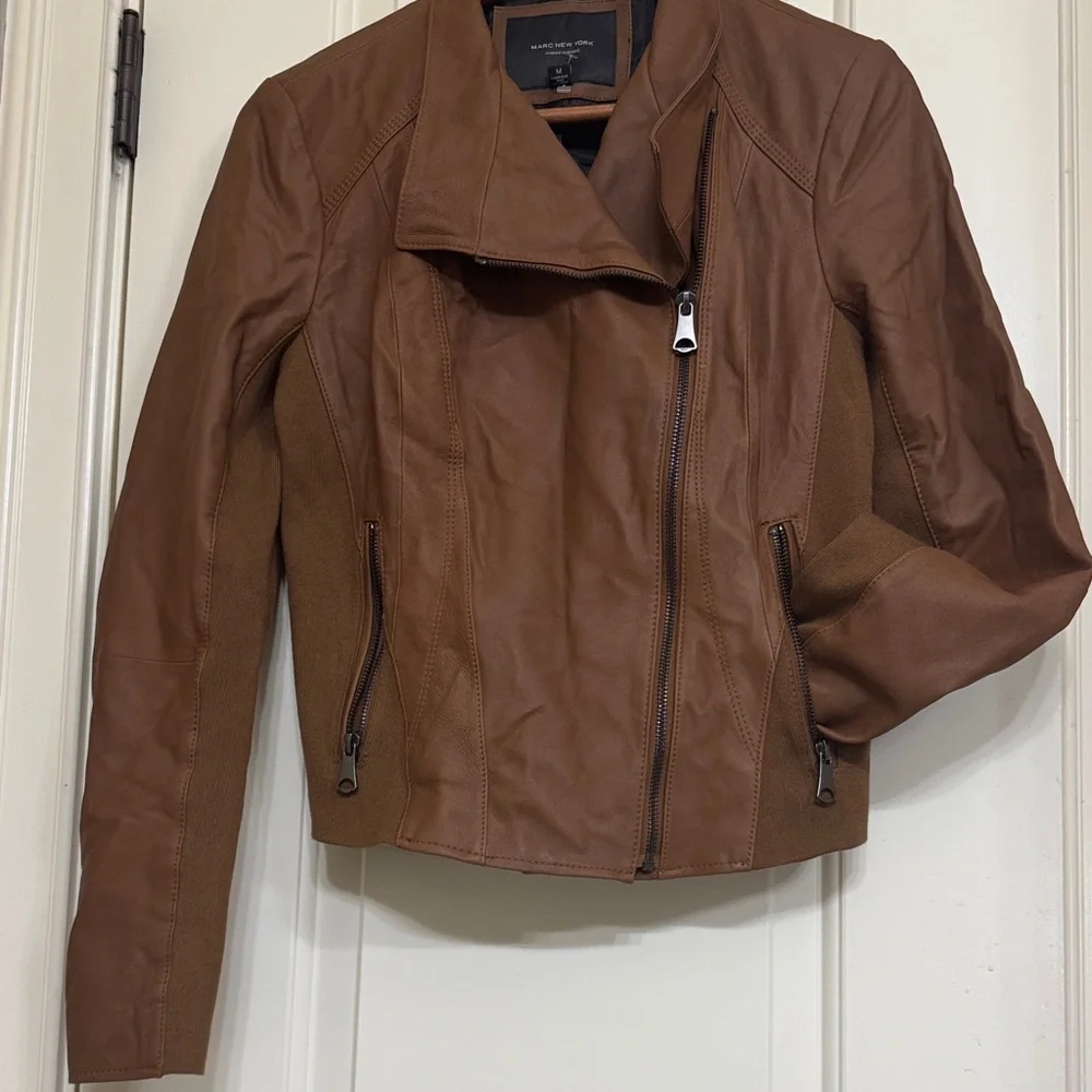 Andrew Marc Genuine Leather Moto Jacket Brown Asymmetrical Zip Size M - Picture 1 of 7